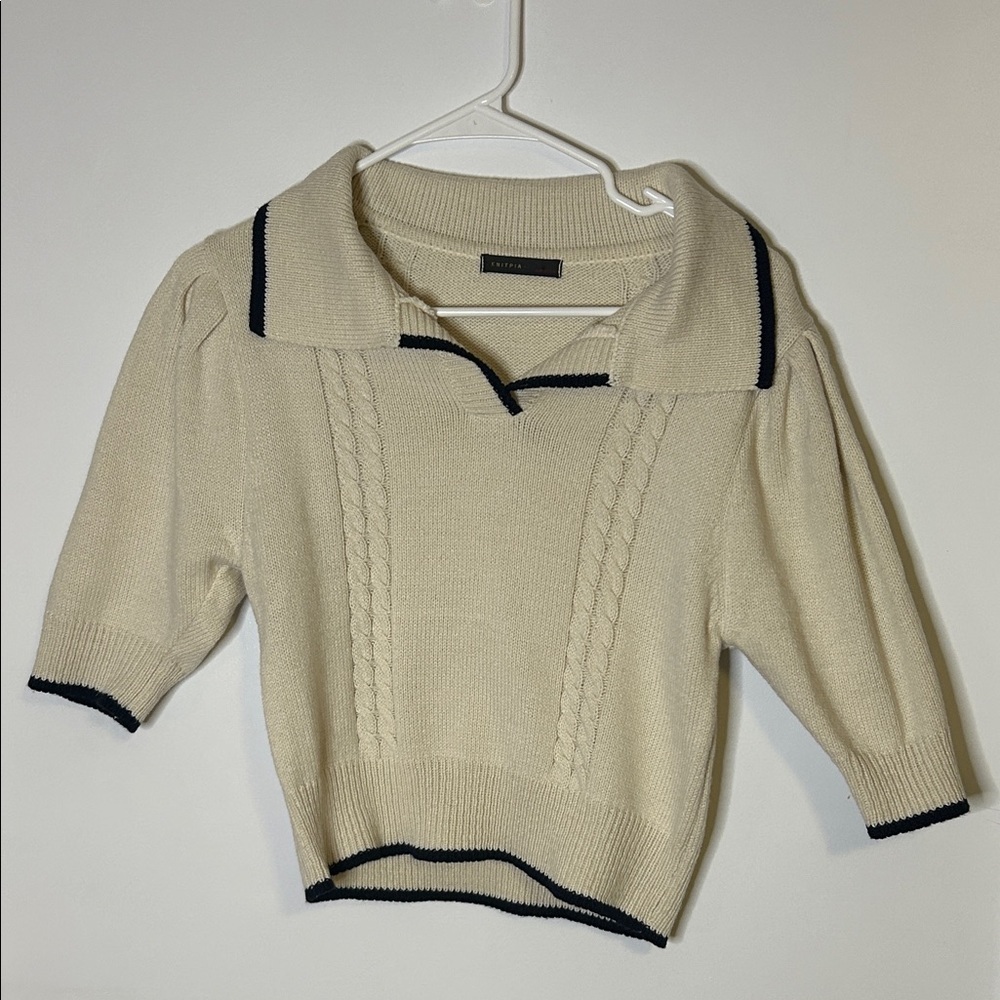 Vintage Cable Knit Polo Sweater 🤍 Cream w/ dark Navy Trim | Tennis Club Style